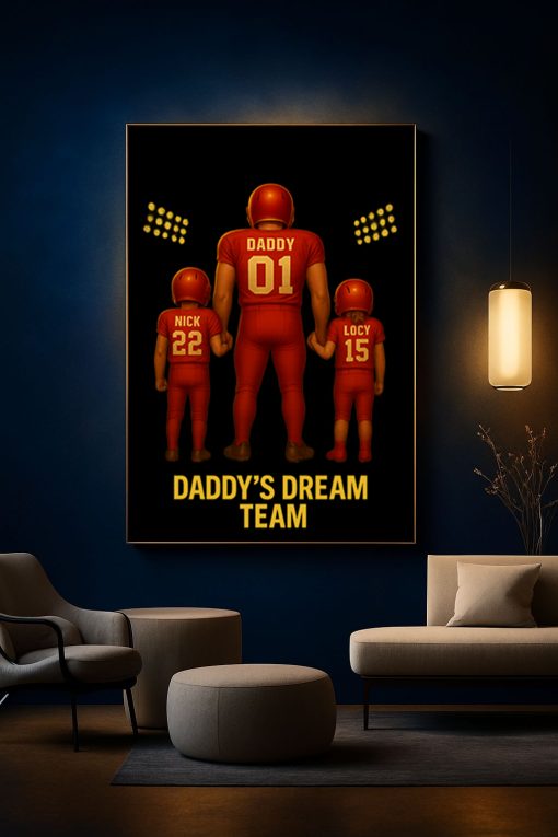 Daddy’s Dream Team Poster – Personalized Football Family Canvas Gift for Dad