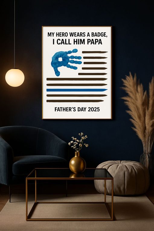 My Hero Wears a Badge Canvas – Father’s Day 2025 Police Dad Handprint Poster