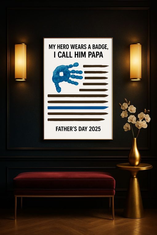 My Hero Wears a Badge Canvas – Father’s Day 2025 Police Dad Handprint Poster