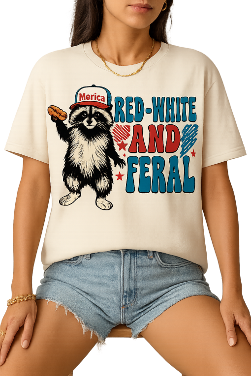 Red White and Feral Raccoon T-Shirt – Funny 4th of July ‘Merica Graphic Tee
