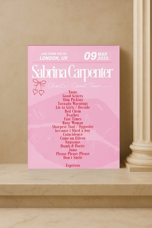 Sabrina Carpenter 2025 UK & Ireland Tour Setlist Poster Print – Concert Memorabilia Wall Art